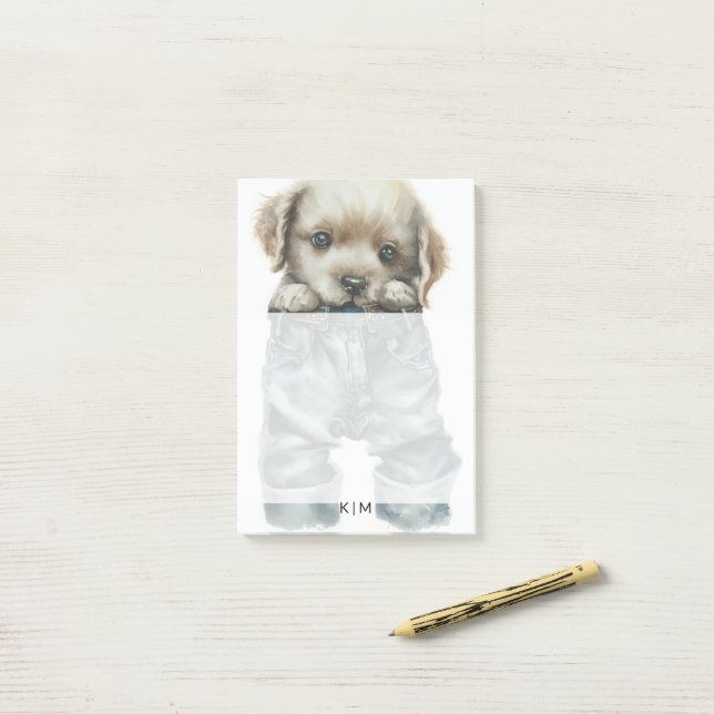 Cute Puppy in Jeans Art Monogram Post-it Notes (On Desk)