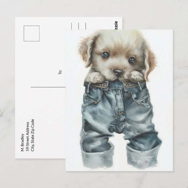 Cute Puppy in Jeans Art Postcard (Front/Back)