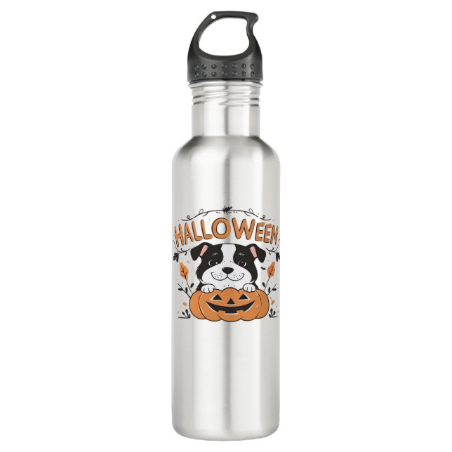 Cute Puppy in Pumpkin – Halloween Dog Illustration 710 Ml Water Bottle (Front)