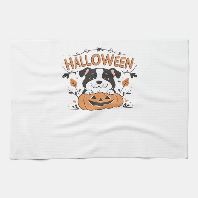 Cute Puppy in Pumpkin � Halloween Dog Illustration Kitchen Towel (Horizontal)