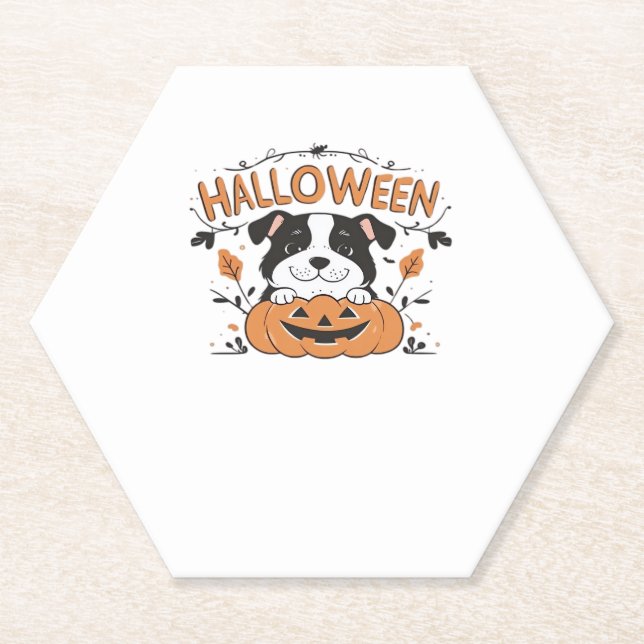 Cute Puppy in Pumpkin � Halloween Dog Illustration Paper Coaster (Front)