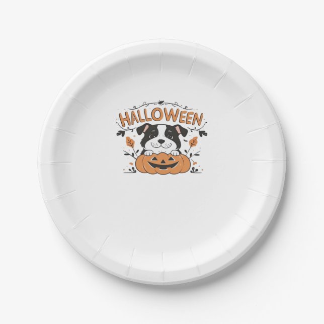Cute Puppy in Pumpkin � Halloween Dog Illustration Paper Plate (Front)