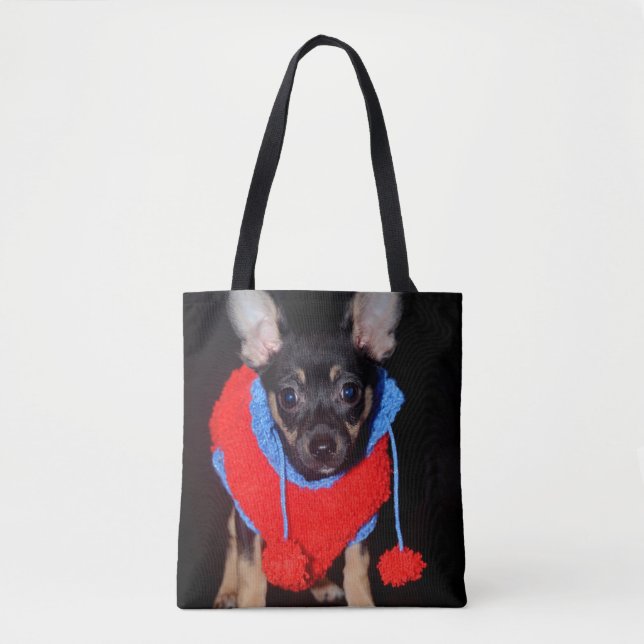 Cute Puppy in Red Wool Sweater Tote Bag (Front)