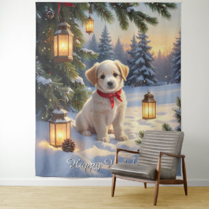 Cute Puppy in the Snow Backdrop Tapestry