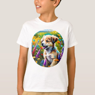 Cute Puppy in Wildflowers – Watercolor Art T-Shirt
