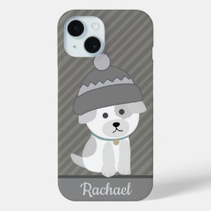 Cute Puppy in Wool Hat Personalised Grey Striped iPhone 15 Case