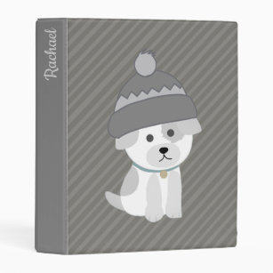 Cute Puppy in Wool Hat Personalised Grey Striped Mini Binder