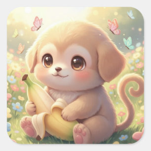 Cute Puppy Monkey Hybrid – Sunny Meadow Fantasy Square Sticker