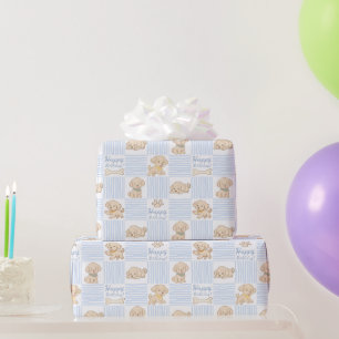 Cute puppy pastel blue beige happy birthday wrapping paper