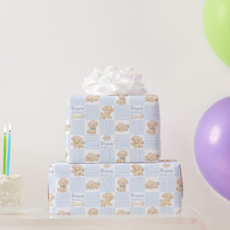 Cute puppy pastel blue beige happy birthday wrapping paper