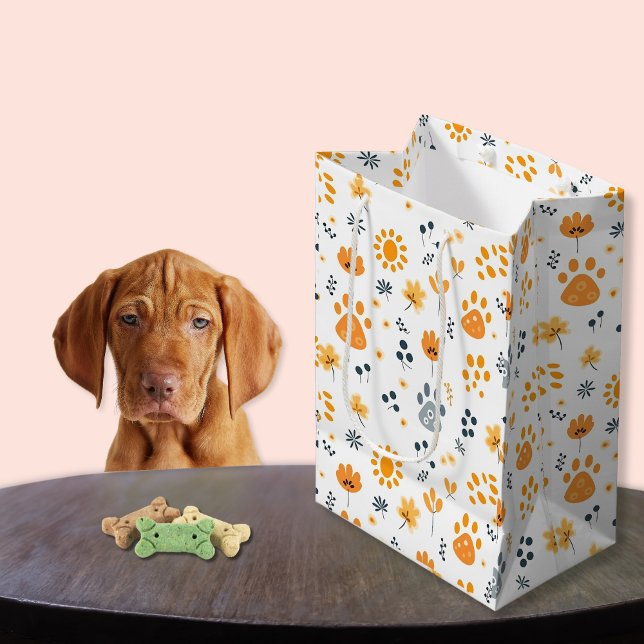 Cute Puppy Paws & Flowers Orange and Yellow  Medium Gift Bag (Cute Puppy paws Flowers Medium Gift Bag)