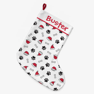 Cute Puppy Paws, Santa Hats and Bones Large Christmas Stocking