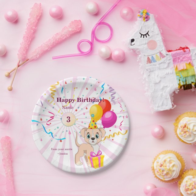 Cute Puppy Personalized Birthday Girl Paper Plate (Party)