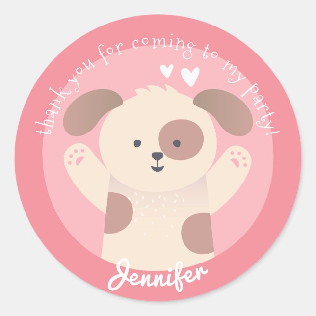 Cute Puppy - Personalized Kids Birthday Thank You Classic Round Sticker (Front)