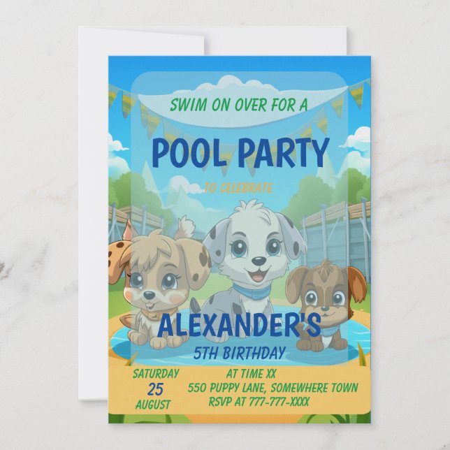 Cute Puppy Pool Party Personalized Birthday Invitation (Front)