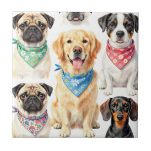 Cute Puppy Portraits Bandana Collage Watercolor Tile