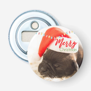 Cute Puppy Pug in a Red Santa Hat Christmas Bottle Opener