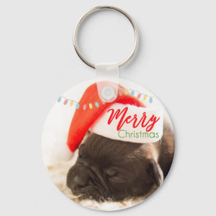 Cute Puppy Pug in a Red Santa Hat Christmas Keychain