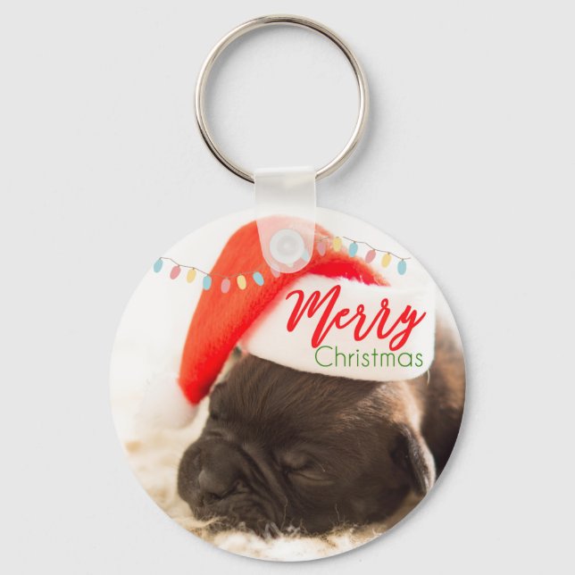 Cute Puppy Pug in a Red Santa Hat Christmas Keychain (Front)