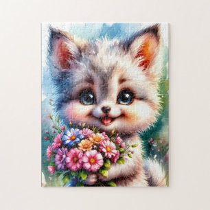 Cute Puppy Puzzle with Flowers