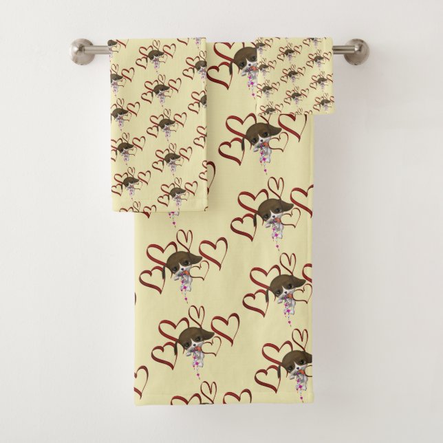 Cute Puppy Red Hearts Personalized Bath Towel Set (Insitu)