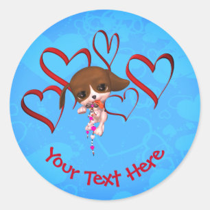 Cute Puppy Red Hearts Personalized Classic Round Sticker