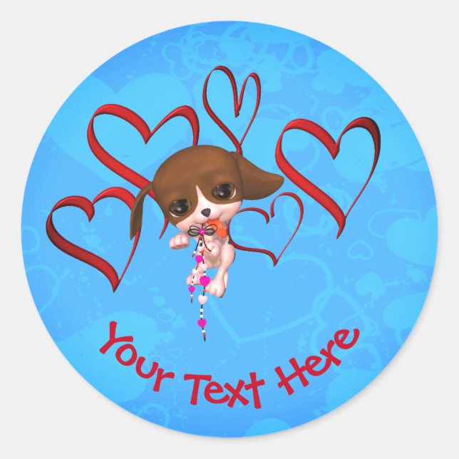 Cute Puppy Red Hearts Personalized Classic Round Sticker (Front)