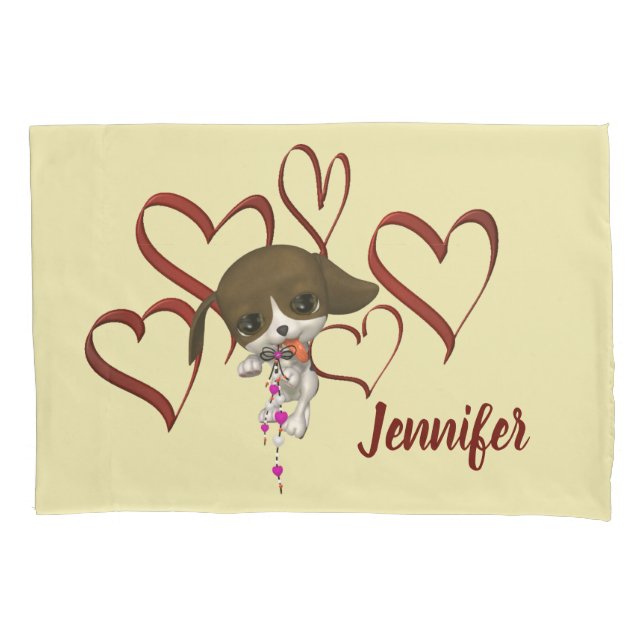 Cute Puppy Red Hearts Personalized Pillowcase (Front)