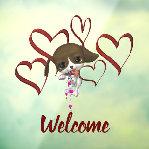 Cute Puppy Red Hearts Welcome Window Cling