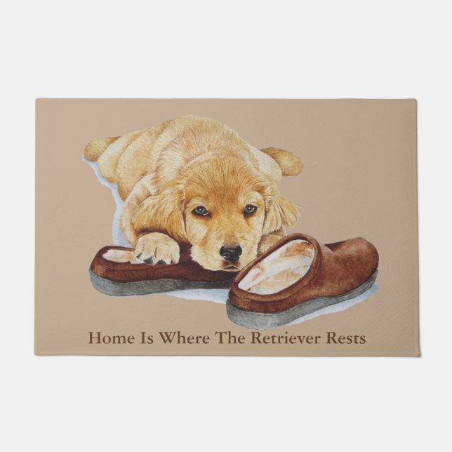 cute puppy retriever cuddling slippers slogan doormat (Front)
