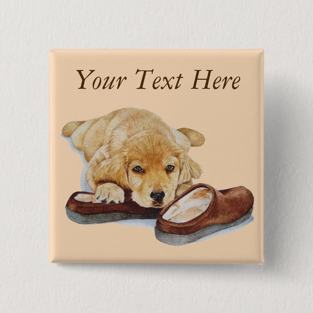 cute puppy retriever dog cuddling slippers 2 inch square button (Front)