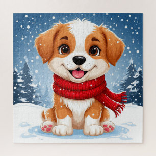 Cute Puppy Sitting In Snowy Winter Landscape Jigsaw Puzzle