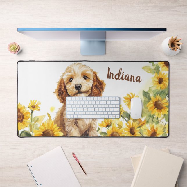 Cute Puppy Sunflowers Watercolor Desk Mat (Office 1)