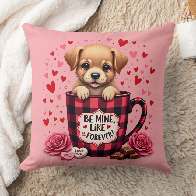 Cute Puppy Valentine Buffalo Plaid Aesthetic Throw Pillow (Blanket)