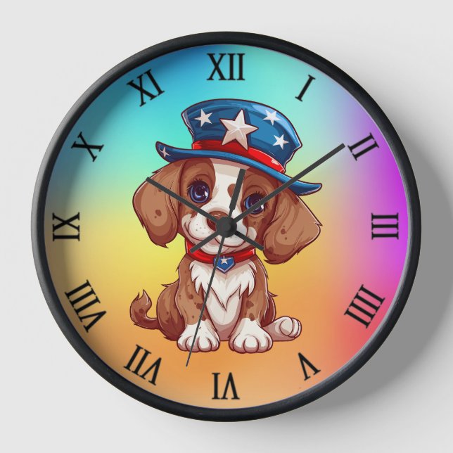 Cute Puppy wearing American Hat-71009 Clock (Front)