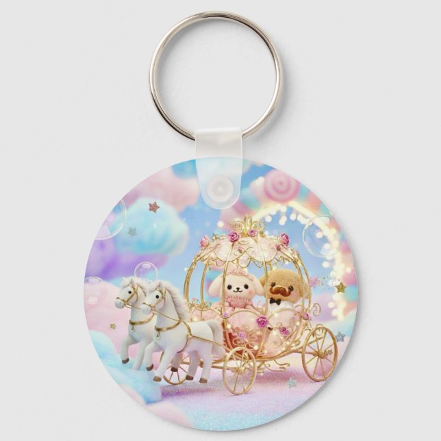 Cute Puppy Wedding Fairytale Carriage Keychain (Front)