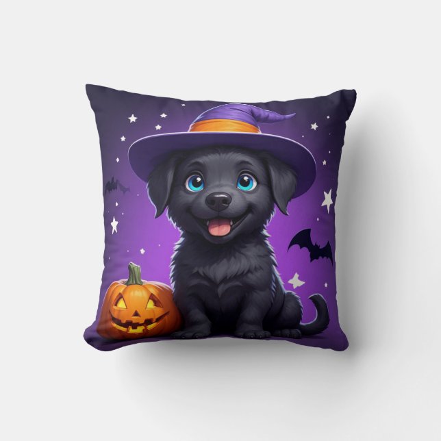 Cute Puppy Witch Hat Halloween 🐶 Throw Pillow (Front)