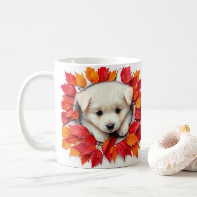 cute puppy with autumn leaves, mug wrap design (With Donut)