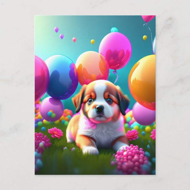 Cute puppy with balloons - birthday  invitation postcard (Front)