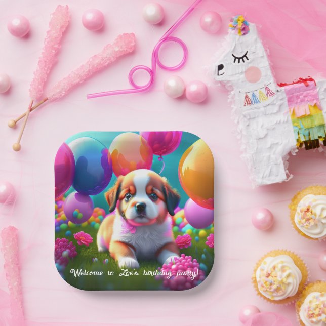 Cute puppy with balloons - birthday  paper plate (Party)