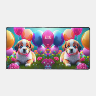 Cute puppy with balloons desk mat