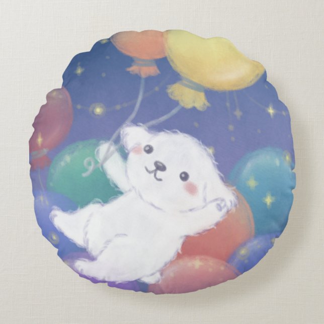 Cute Puppy with Balloons & Stars Round Pillow (Front)