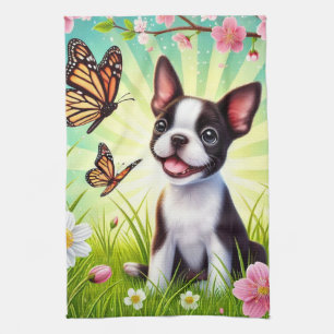 Cute Puppy with Blossoms and Butterflies Kitchen Towel