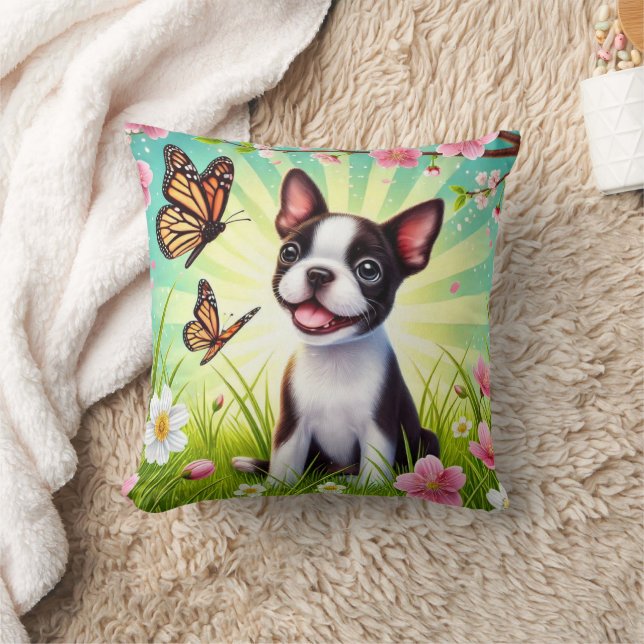 Cute Puppy with Blossoms and Butterflies  Throw Pillow (Blanket)