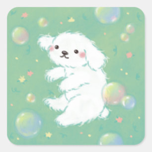 Cute Puppy with Bubbles and Flowers Square Sticker
