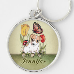 Cute Puppy with Butterfly, Ladybug and Tulips Keychain