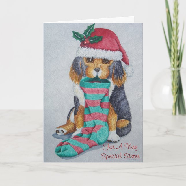 cute puppy with christmas with stocking for sister holiday card (Front)