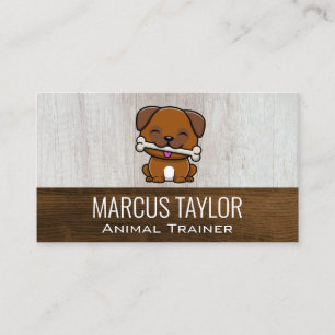 Cute Puppy with Dog Bone Wood Background Business Card