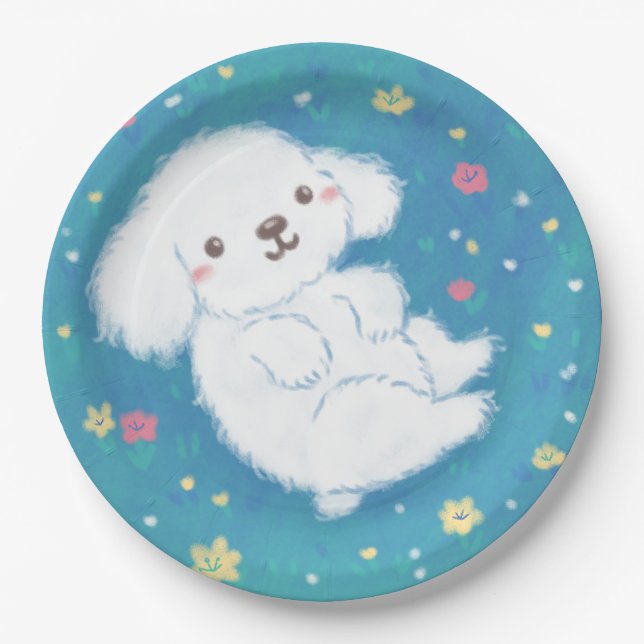 Cute Puppy with Flowers Paper Plate (Front)