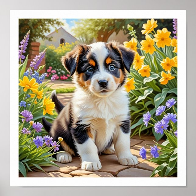 Cute Puppy with Flowers Poster (Front)